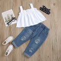 Girls' summer denim outfit: white lace cami top with beaded detail & distressed denim pants, includes headband