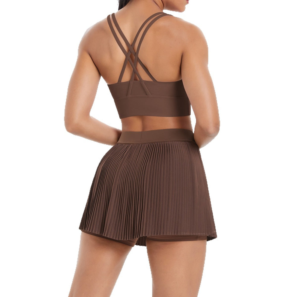 fashionpure color tight brushed cross back short skirt two-piece set running fitness training yoga suit