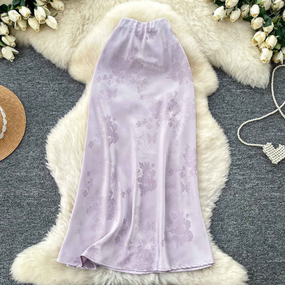French acetate satin jacquard printed a-line midi skirt - korean style high waist slimming workwear spring new arrival