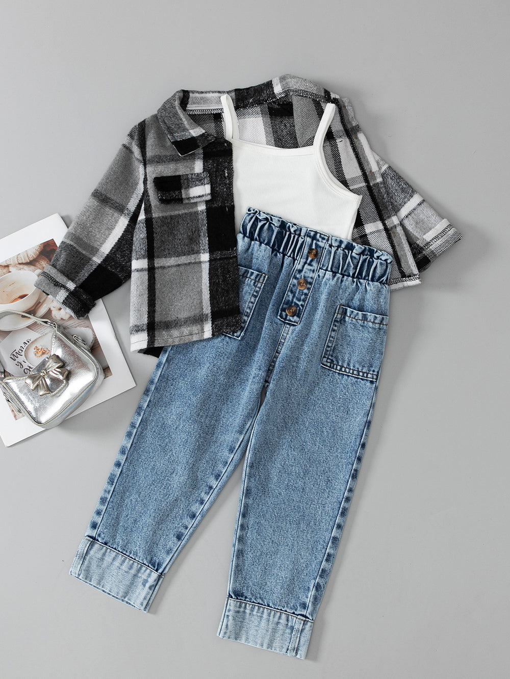 New arrivalautum cross-border girl's woolen lapel shirt suspender denim vest heavy washing water worker jeans three-piece set
