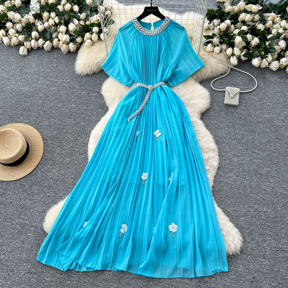 European and american light luxury high-end short-sleeve dress for women - summer pleated, rhinestone-embellished, pearl belt design