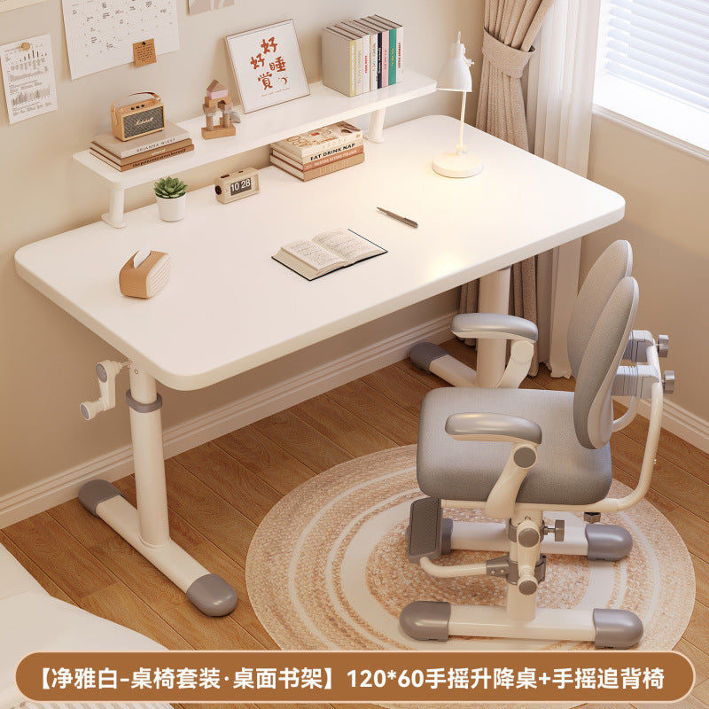Hand-crank adjustable desk, thickened study table, bedroom study room complete computer desk set, adjustable wooden children's desk and chair set
