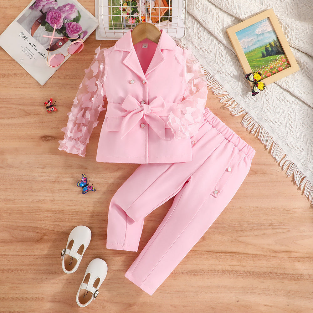 fall/winter new girls' long-sleeve bowknot mesh sleeve blazer and pants two-piece set (sizes for toddlers and young children)