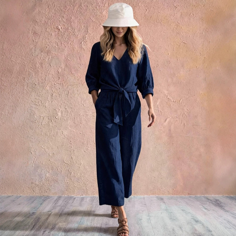 european and american cross-border spring/autumn new arrival: knotted, high-end style shirt with three-quarter sleeves – effortless vacation v-neck set
