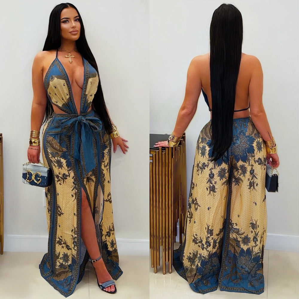 C7772 cross-border  new women's retro print deep v waist tie-up slit wide leg vacation style jumpsuit