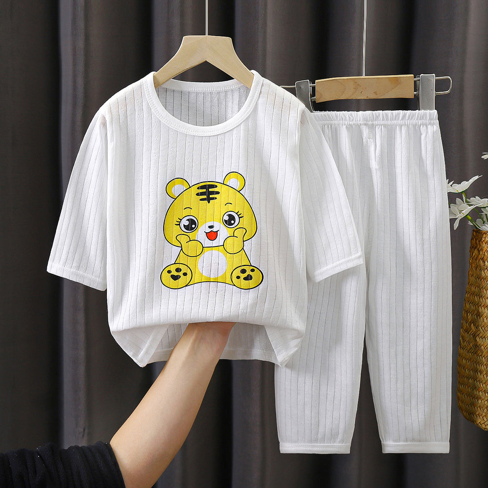 Summer kids' pure cotton loungewear set - boys' and girls' lightweight pajamas, breathable three-quarter sleeve baby air conditioning suit