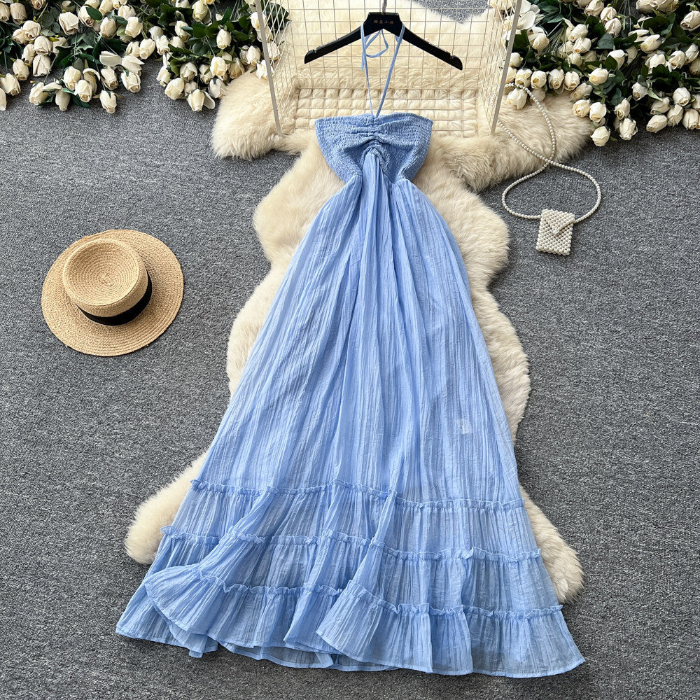 Vacation style haltersense of designdressfemalesummerpinkhigh waista-line long skirtatmosphereelegant skirt