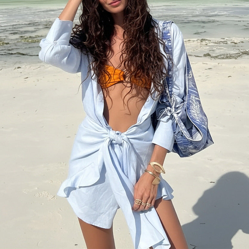 women's summer new arrivals: cross-border european & american fashion - elegant solid color turn-down collar tie-waist casual set