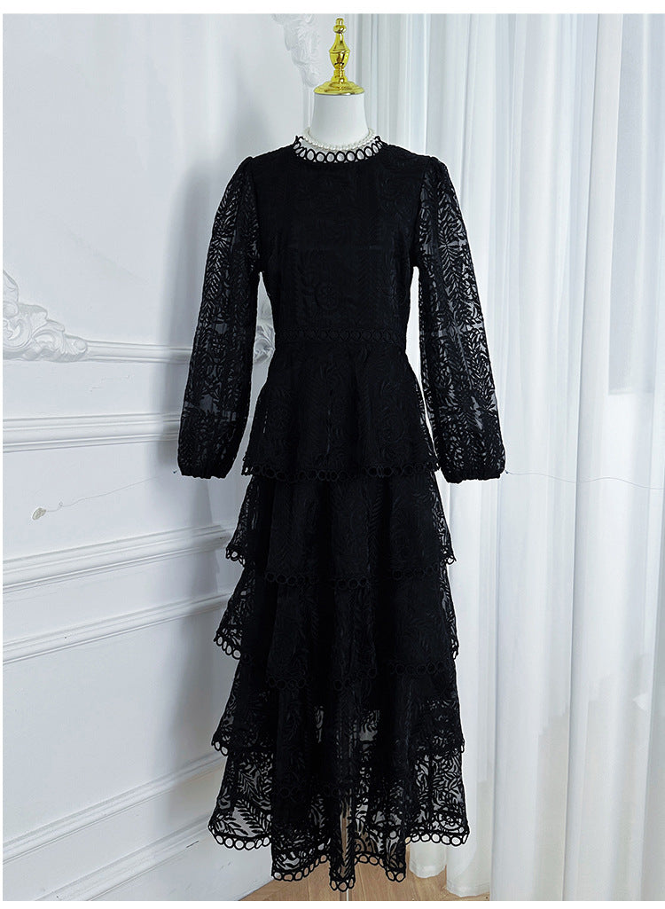 French chic high-end elegant dress for women, autumn  collection: luxurious, heavily embroidered, cinched waist, ruffle hem, tiered maxi dress