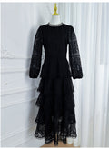 French chic high-end elegant dress for women, autumn  collection: luxurious, heavily embroidered, cinched waist, ruffle hem, tiered maxi dress