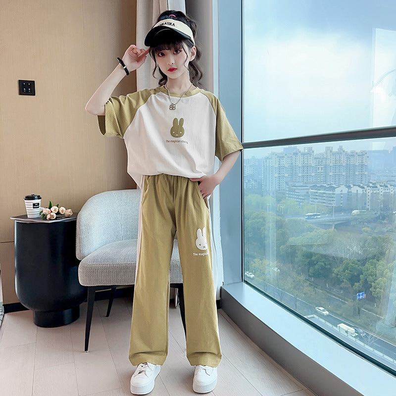 Girls' summer casual outfit set,  new fashionable and stylish children's clothing, middle and big kids' short-sleeve sports two-piece set