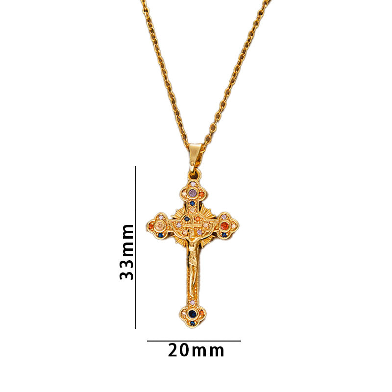 【titanium steel】necklace for women, cross-border fashion, full diamond colorful zircon cross pendant, high-end clavicle chain jewelry