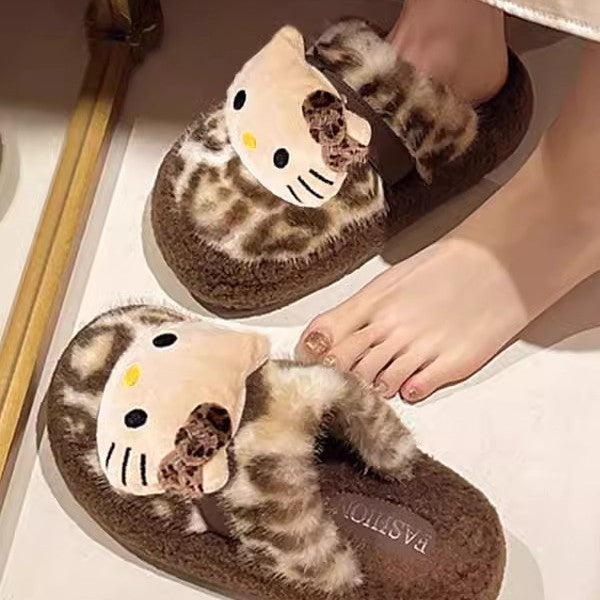 New autumn/winter cotton slippers: warm, comfortable leopard print kitten design, closed-toe fuzzy slippers for women, perfect for indoor use