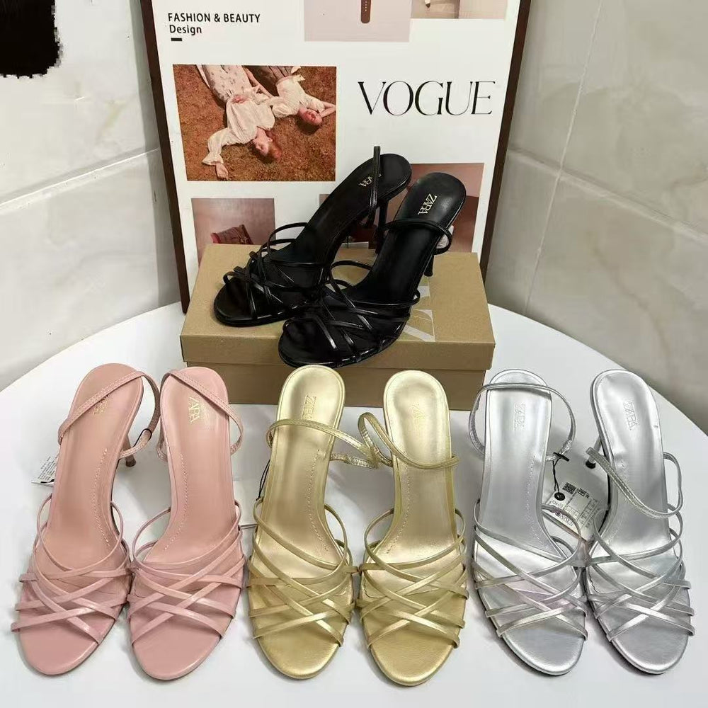 Za summer 2025 new thin strap leather high heel sandals - women's braided strap decorated stiletto heel sandals - fashionable and versatile style