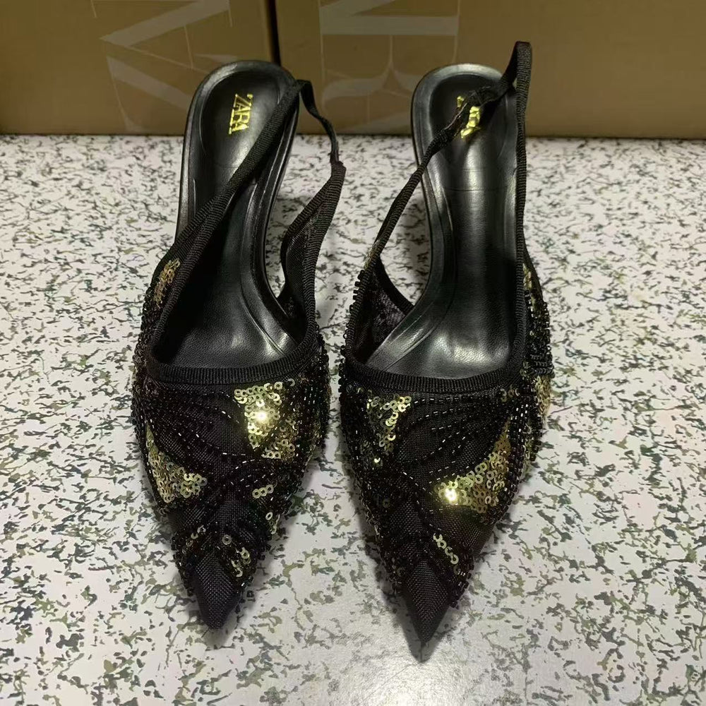Za's 2025 new women's low-heel elegant court shoes, black and gold sequined closed-toe pumps with back strap