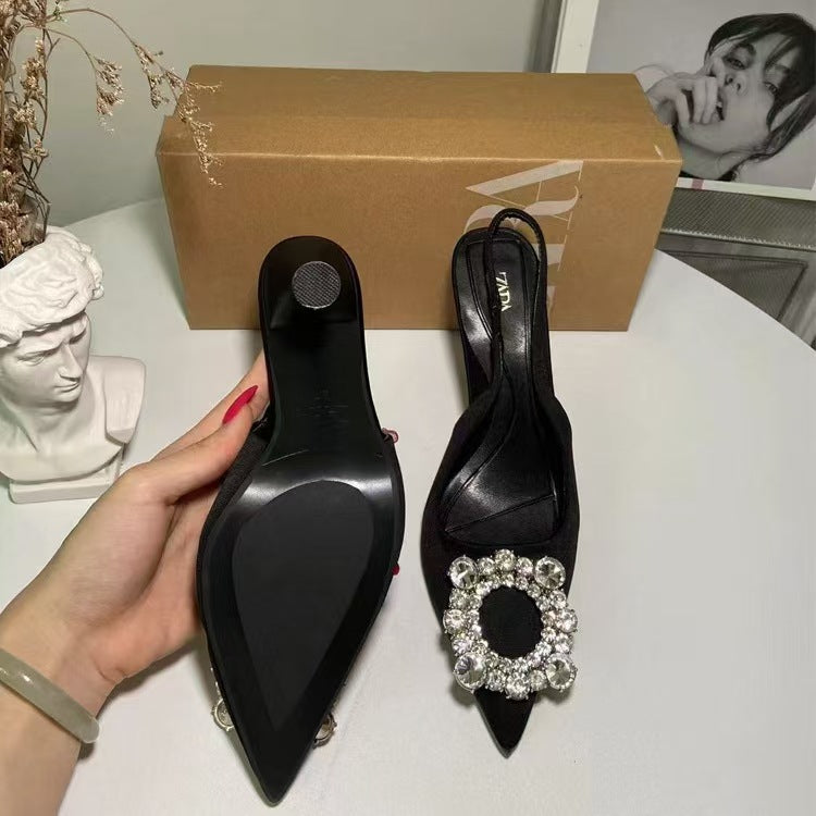 Za dtm2024springnew arrival thin heel flats black high heel pointed elegant tweed style mule shoes flats women