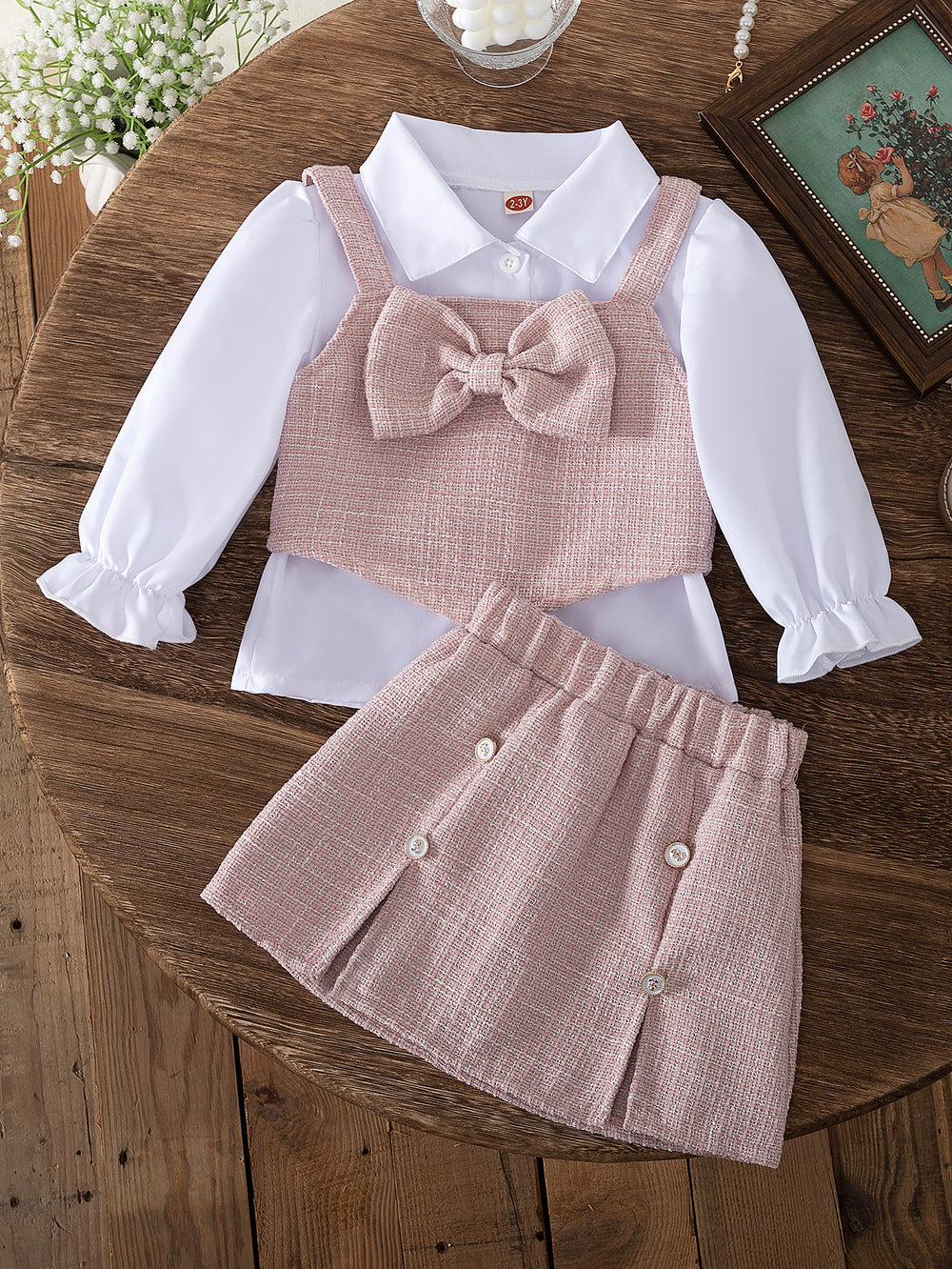 autumn new girls' preppy style shirt, bowknot vest, and a-line skirt three-piece set