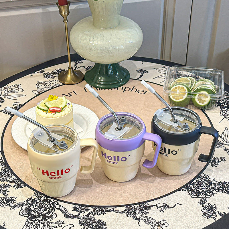 Influencer-style letter handle mug, trendy instagram coffee cup, high-end, niche, cute, with straw, glass water cup, customizable