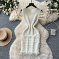 Korean style sleeveless knitted fuzzy dress - women's summer high-waisted slimming a-line dress for work and casual wear