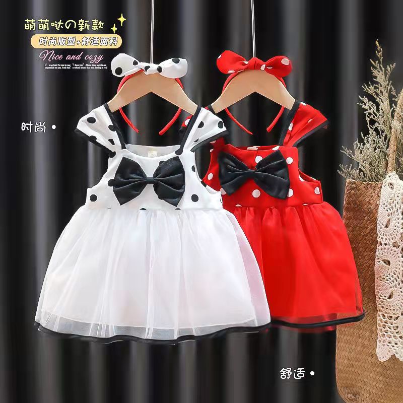 summer new girls' princess dress - stylish children's formal dress, polka dot sundress with hair clip