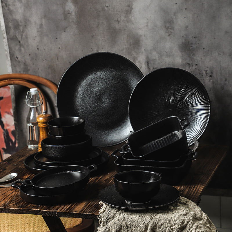 Black japanese-style frosted steak plate, creative commercial snack frosted black long plate, sushi plate, household rice bowl cup