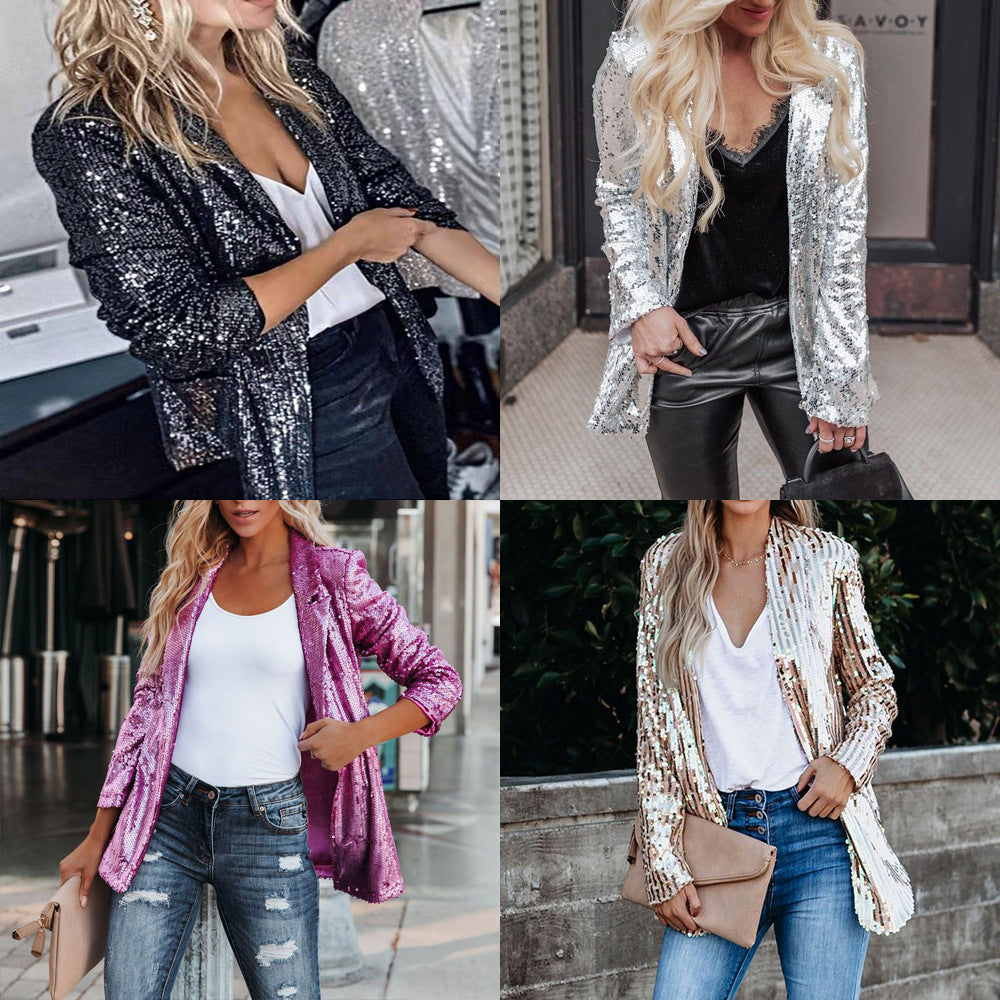 2025 spring european and american cross-border e-commerce women's fashion amazon new arrival multi-color sequin long sleeve chic blazer