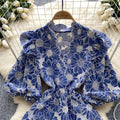 summer new arrival: french-inspired, unique, slimming v-neck lantern sleeve embroidered print cinched waist dress for women