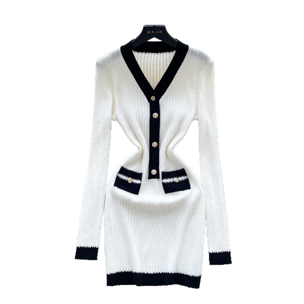 Frenchclassy small fragrant fashionablecontrast colorv neck metal buckle waist slimming lookelegantlong sleevesknittingdress