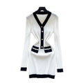 Frenchclassy small fragrant fashionablecontrast colorv neck metal buckle waist slimming lookelegantlong sleevesknittingdress