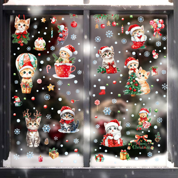 Cross-border new cute Christmas cat balloon gift snowflake glass sticker Christmas shopping mall glass door decorative sticker