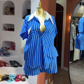 European and american cross-border women's fashion  autumn new casual blue striped turn-down collar button-down shirt and wide-leg shorts set