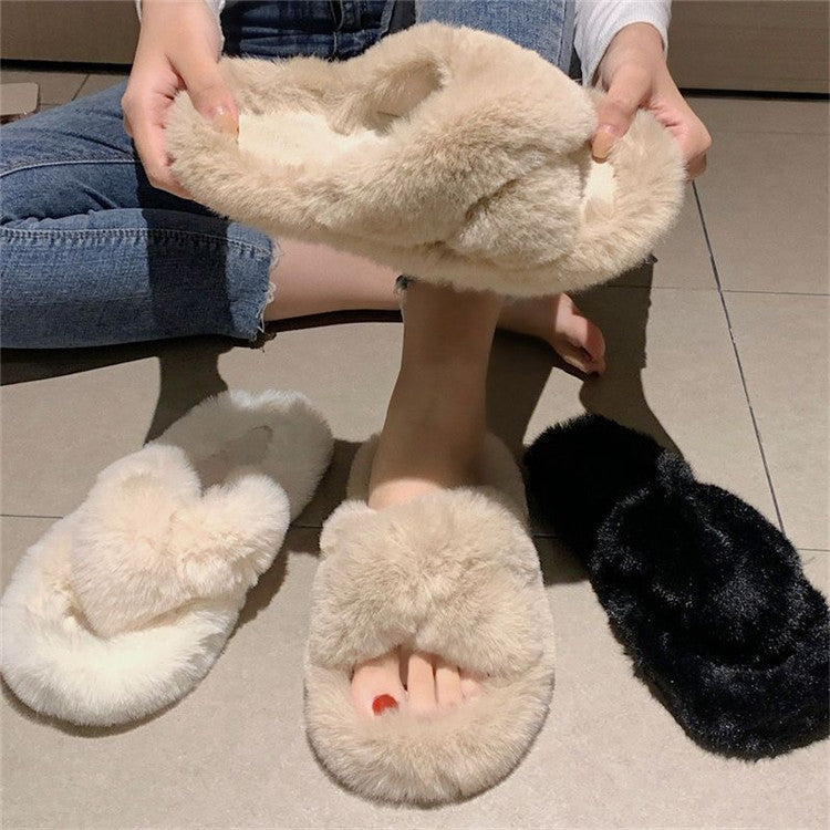 Thick sole cross strap furry slippers for women fall and winteroutwear2024new arrivalplatform shoesthick soleincrease soft bottomfor home cotton slippers