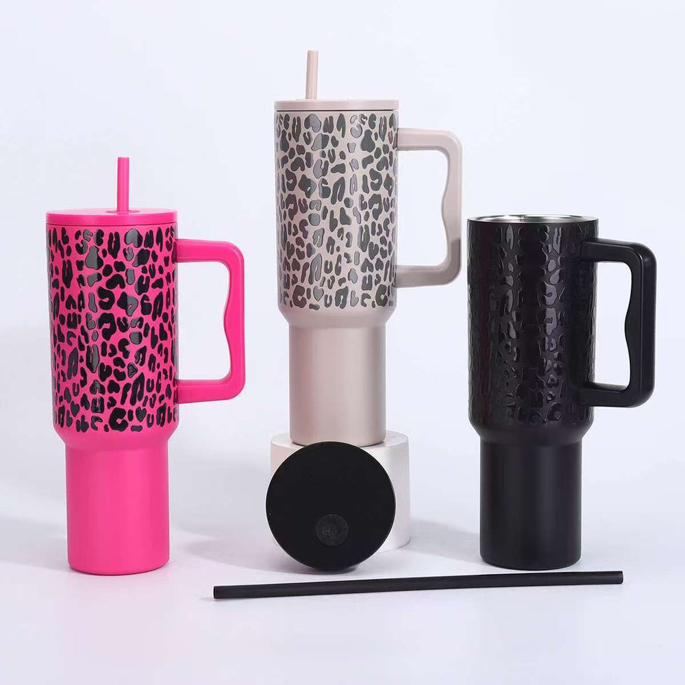 leopard print 40oz stainless steel thermos cup large capacity with handle vacuum straw cup outdoor car cup