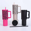 leopard print 40oz stainless steel thermos cup large capacity with handle vacuum straw cup outdoor car cup