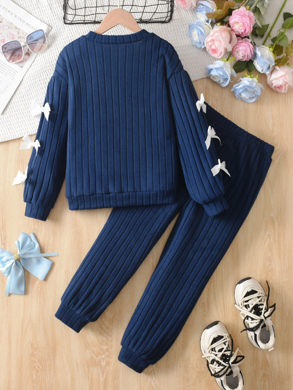 girl's pants suit navy blue pit stripes round neck sweatshirt jogger pants sports pants bowspatchworktwo-piece set