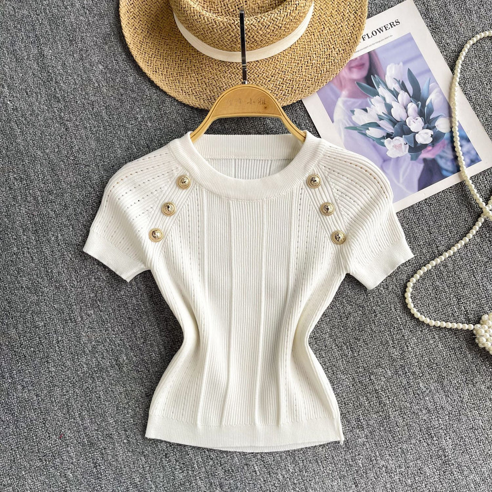 Fashion hot girl knitting round neck t-shirt women's summer thin shortslimming looksense of designeasiest for match fried street pure desiretops