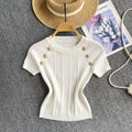 Fashion hot girl knitting round neck t-shirt women's summer thin shortslimming looksense of designeasiest for match fried street pure desiretops
