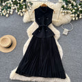 French chic sleeveless notch collar dress - women's summer korean style high waist pleated patchwork maxi dress - elegant and graceful