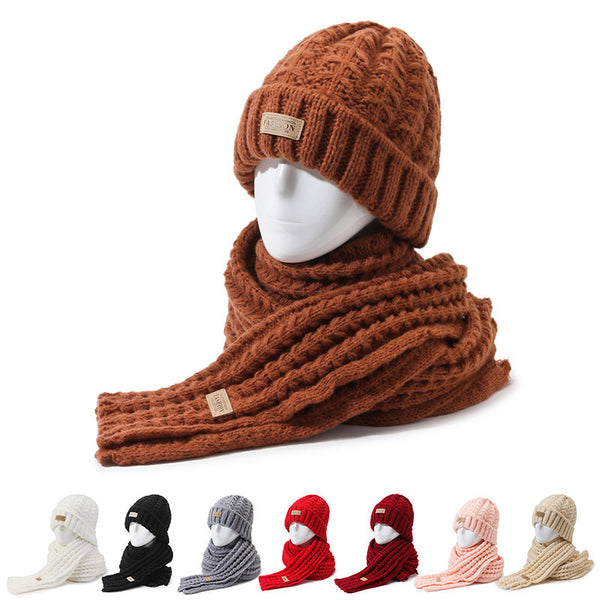 Knitted wool hat scarf two-piece set winter warm ear protection cotton hat Korean version student versatile solid color scarf cold hat