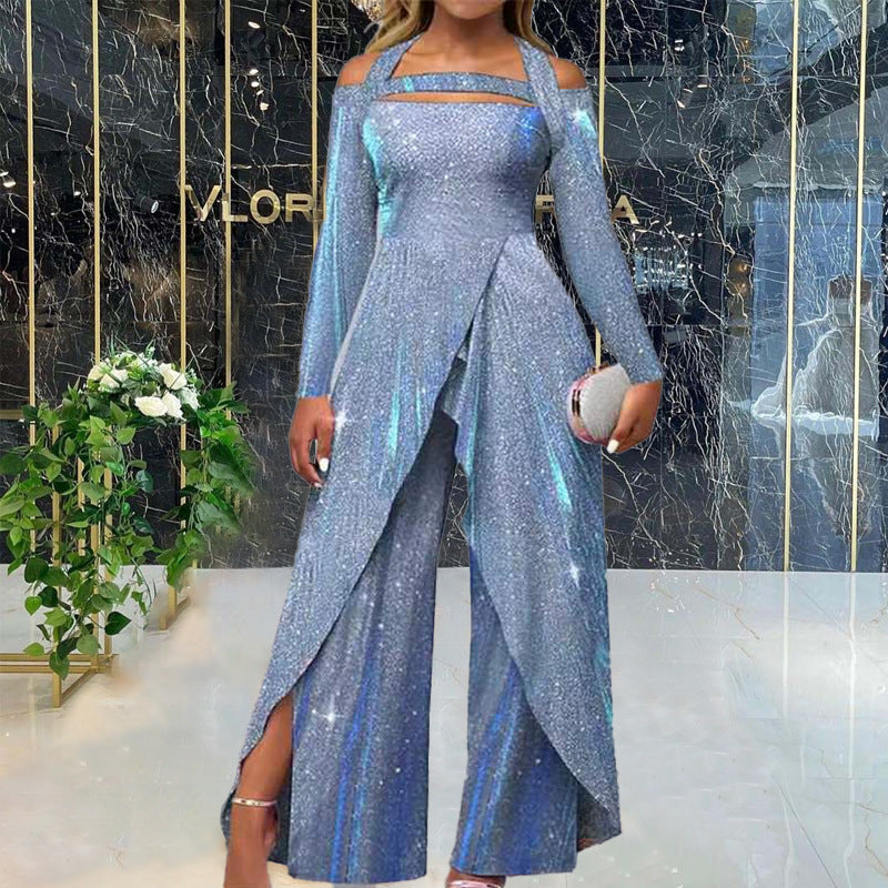 new arrival: cross-border fashionable & sexy sequin maxi dress jumpsuit - european & american style, asymmetrical front, mid-waist, chic & professional