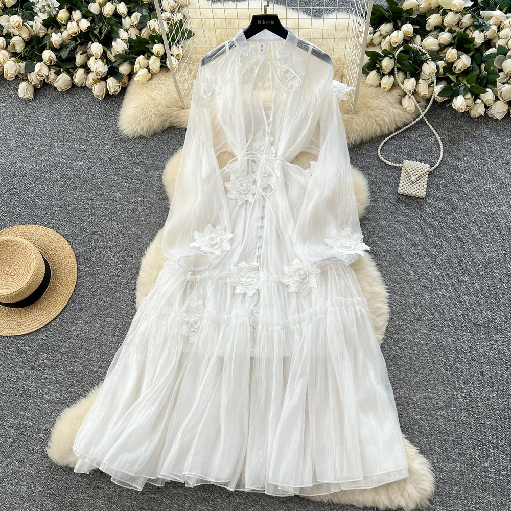 Fairy elegant dress  new french style 3d floral tie-waist lightweight mesh vacation dress