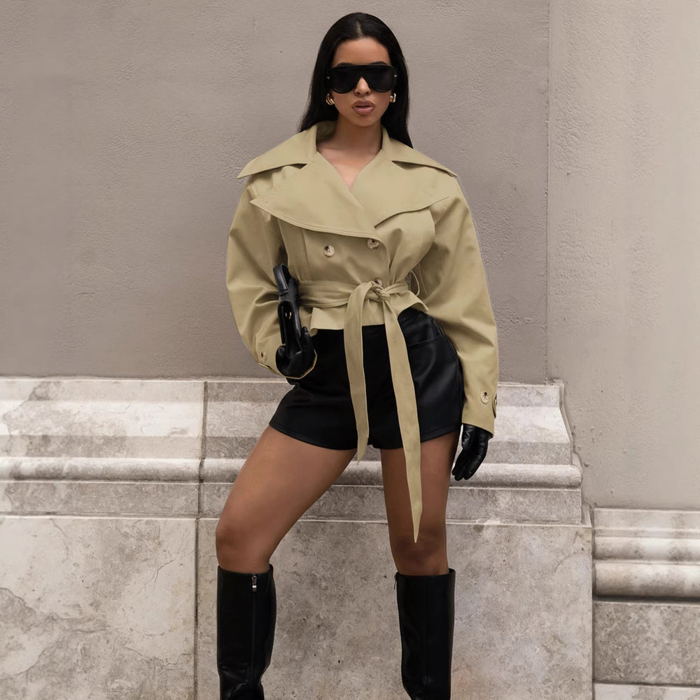 Women's lapel tie-up cropped trench coat, european and american style double-breasted slim-fit top, cross-border women's apparel,  bestseller