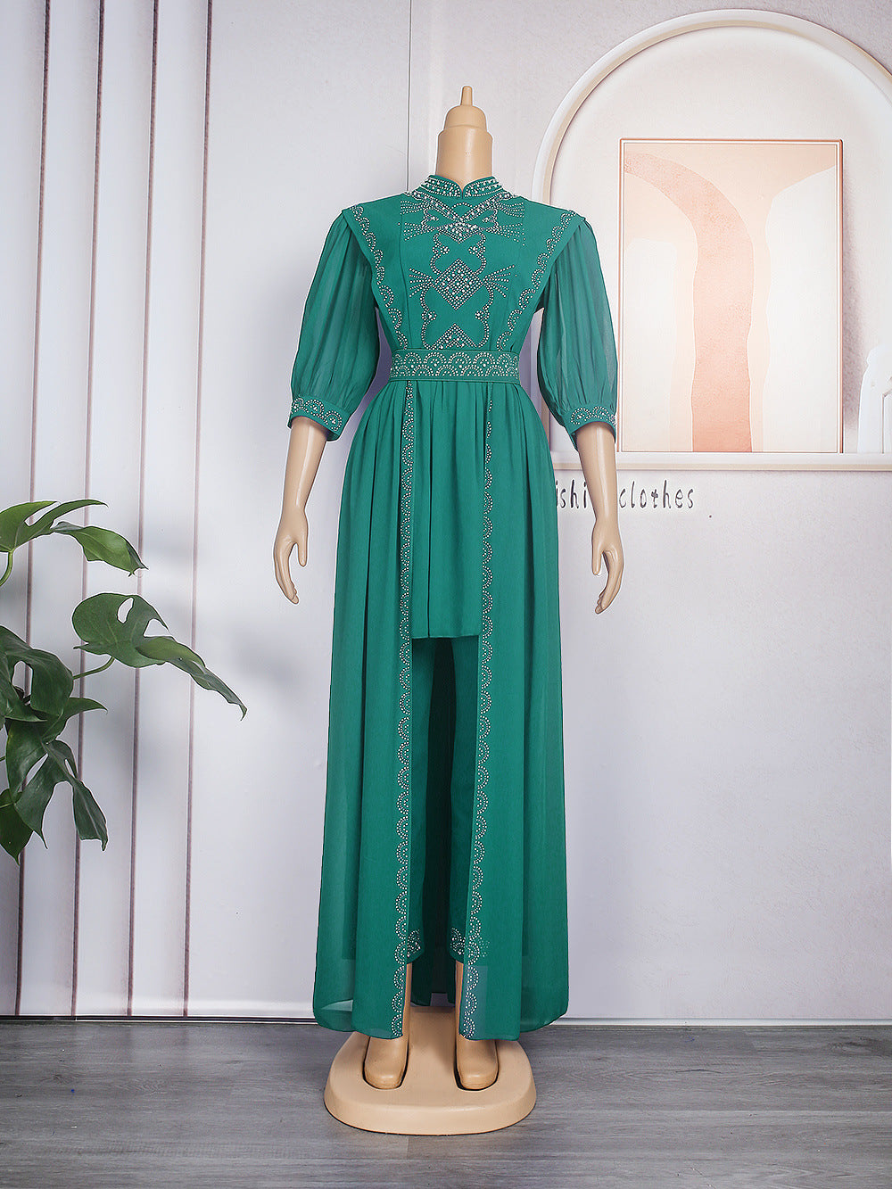 new autumn/winter rhinestone & beaded african  women's plus size irregular maxi dress + pants two-piece set
