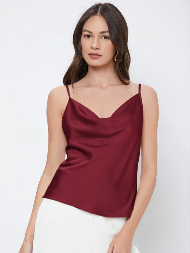 Suit with artificial silk satin suspenders women's stacked collar outwear sexy bottom swing collar short tops