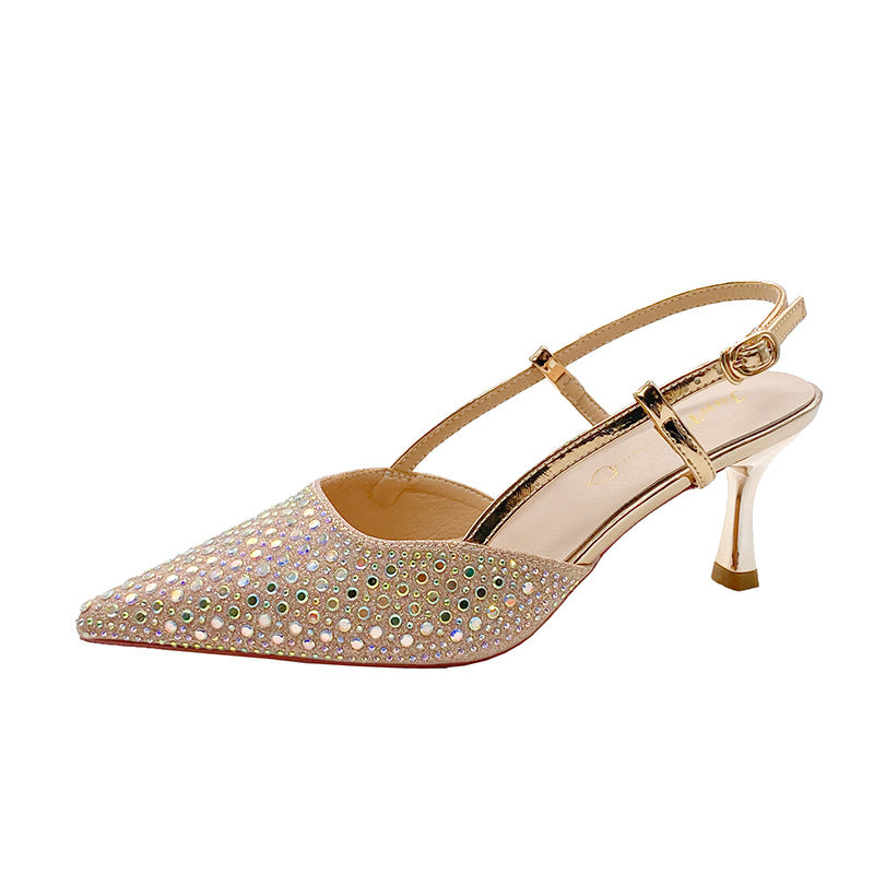 Elegant socialite pointed toe full diamond dress high heel toe sandals 2024 summer new arrival champagne color one strap back hollow thin