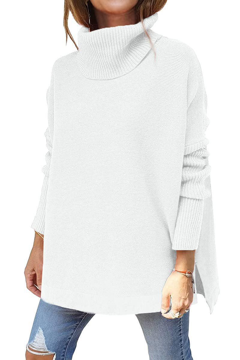 2022 amazon cross-border high neck sweater, mid-length batwing sleeve, cinched hem, pullover knit sweater for women