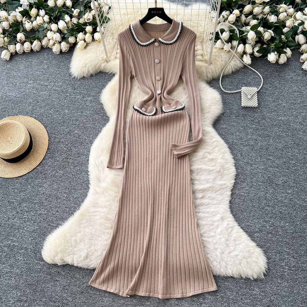 autumn new arrival: high-end chanel-inspired chic color block turn-down collar long sleeve slim-fit knitted dress for women