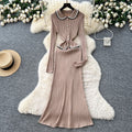autumn new arrival: high-end chanel-inspired chic color block turn-down collar long sleeve slim-fit knitted dress for women