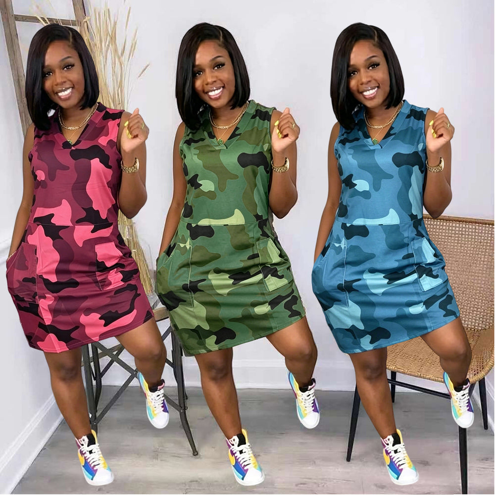 S391576: new spring/summer european and american women's clothing - casual, stylish, and unique sleeveless camouflage dress