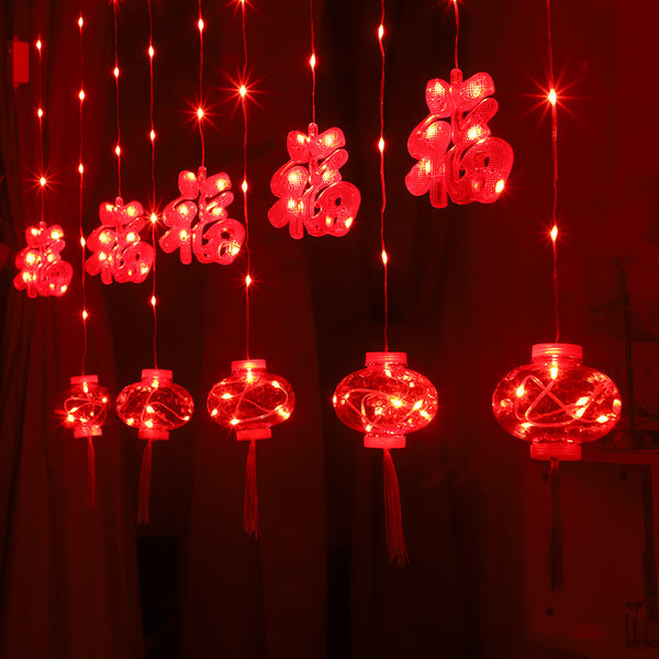 Spring Festival curtain lights Chinese New Year entrance balcony Fu character spring character Chinese knot decorative light string red lantern lantern string festive